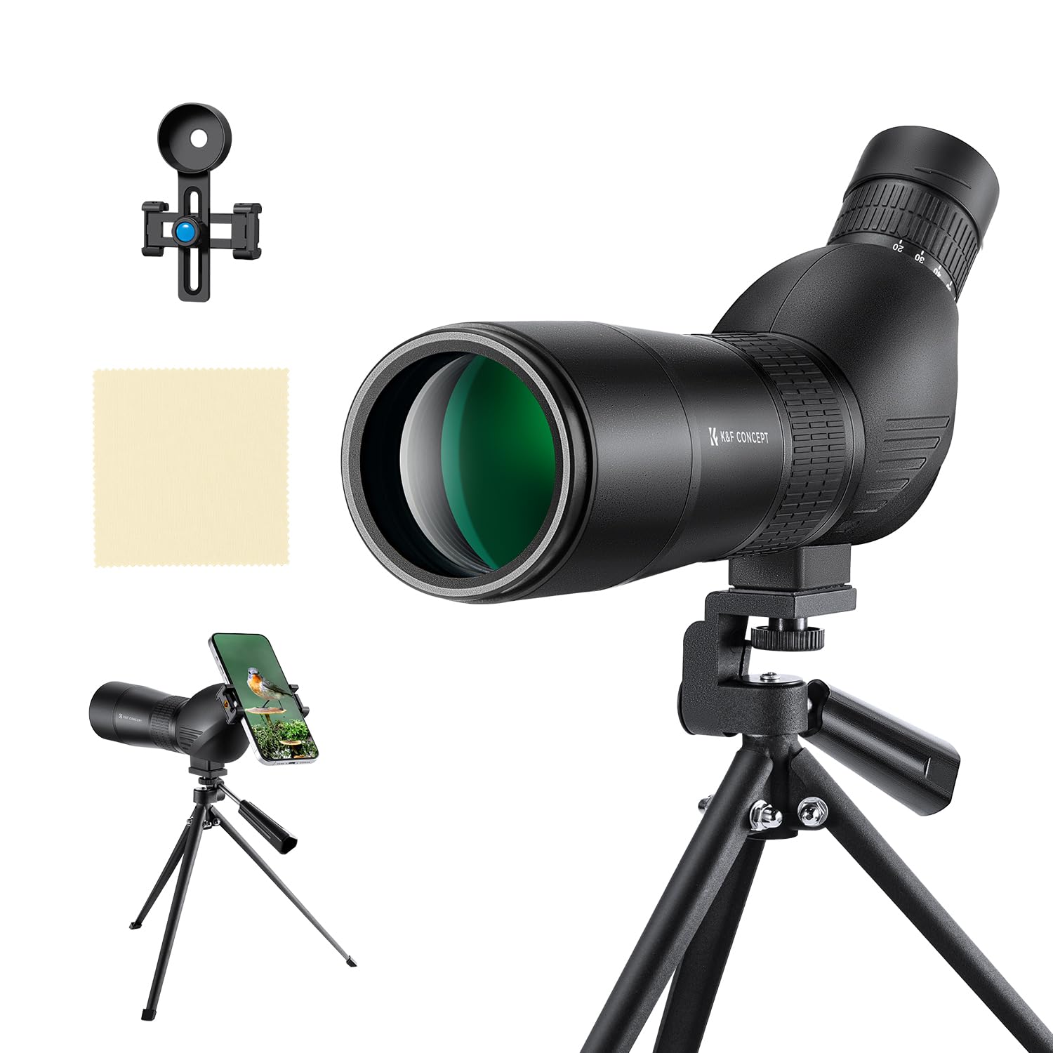K&F CONCEPT 20-60X60 Waterproof Monocular Spotting Scope with Tripod, Carrying Bag, Smartphone Adapter - Monocular for Adult BAK4 45° Angled for Target Shooting Hunting Wildlife Scenery Bird Watching
