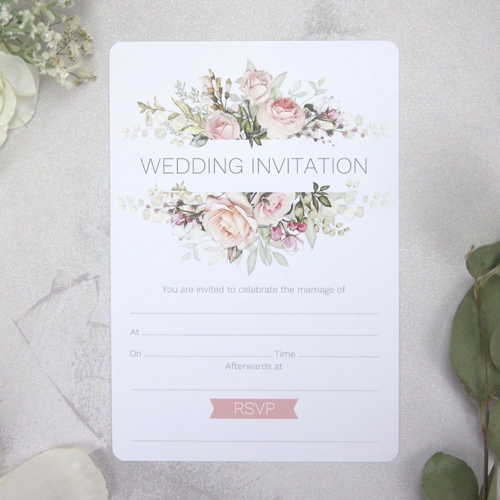 Dotty about Paper Pink Roses & Greenery - Ready to Write Wedding Invitations - Pack of 10. Floral, Greenery, Foliage, Elegant. Perfect For Friends and Family. Envelopes Included (15 0011)