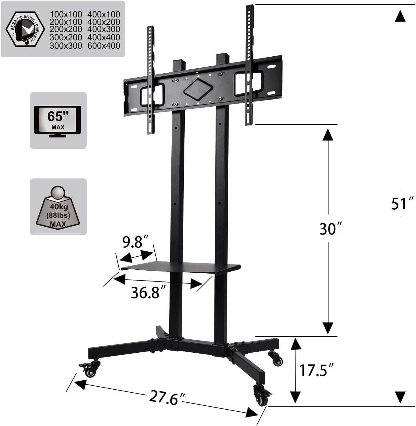 Mobile TV Stand TV Cart with Height Adjustable Shelf Rolling Casters and Flat Screen Mount for 32" to 65" LCD LED OLED Plasma Flat Panel Screens Curved TV with Max VESA Size 600x400mm : Office Products