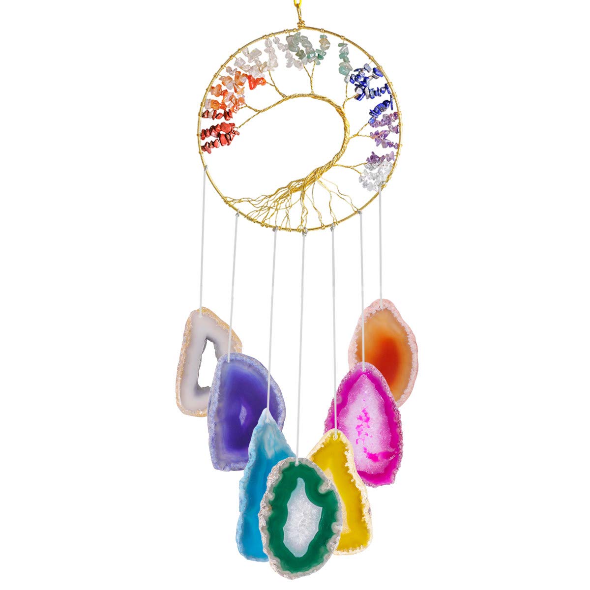Nupuyai 7 Chakra Tree of life Agate Slice Wind Chime, Wall Art Hanging Healing Crystal Ornament Home Decor