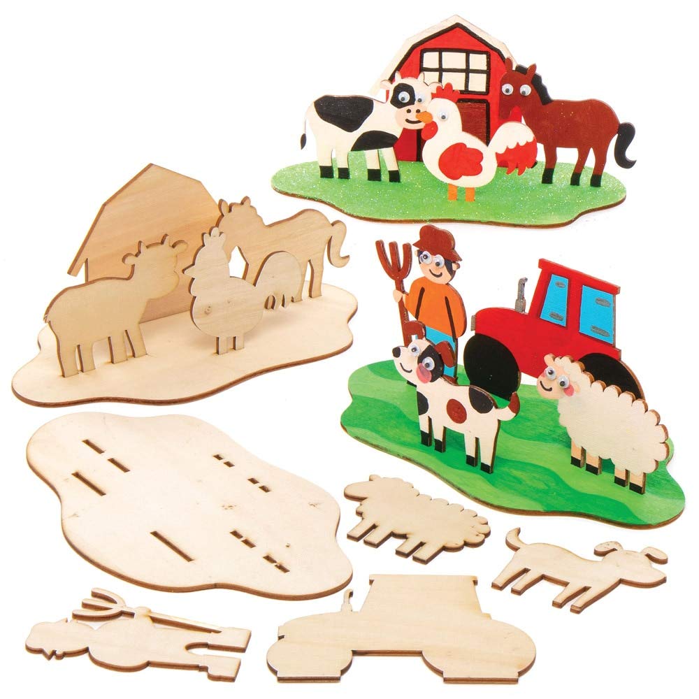 Baker Ross AX101 Create Your Own Farm Wooden 3D Scene, Woodcraft Construction Kits for Kids Arts and Crafts Projects (Pack of 4), Assorted