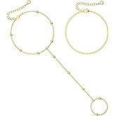 Moodear Dainty Ring Bracelet Hand Chain for Women - 14K Gold Plated/Sterling Silver Layered Adjustable Satellite Bead Paperclip Dot Link Hand Chain Bracelets Non Tarnish Trendy Jewelry Gift