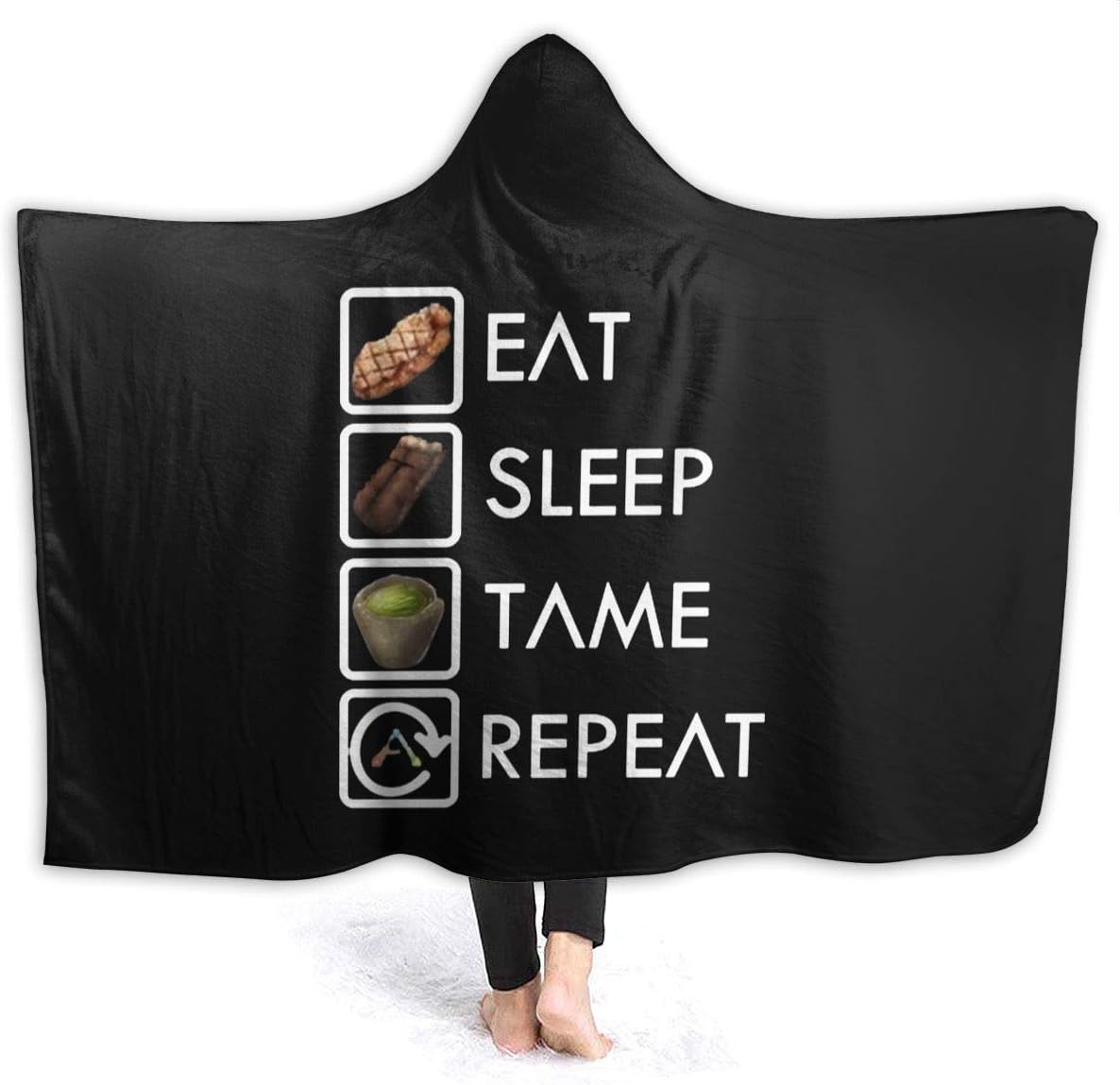 OWEDR Eat Sleep Tame Repeat ARK Survival Evolved Hooded Blanket, Soft Sherpa Fleece Blanket (80"x60") for Kids Adults Teens
