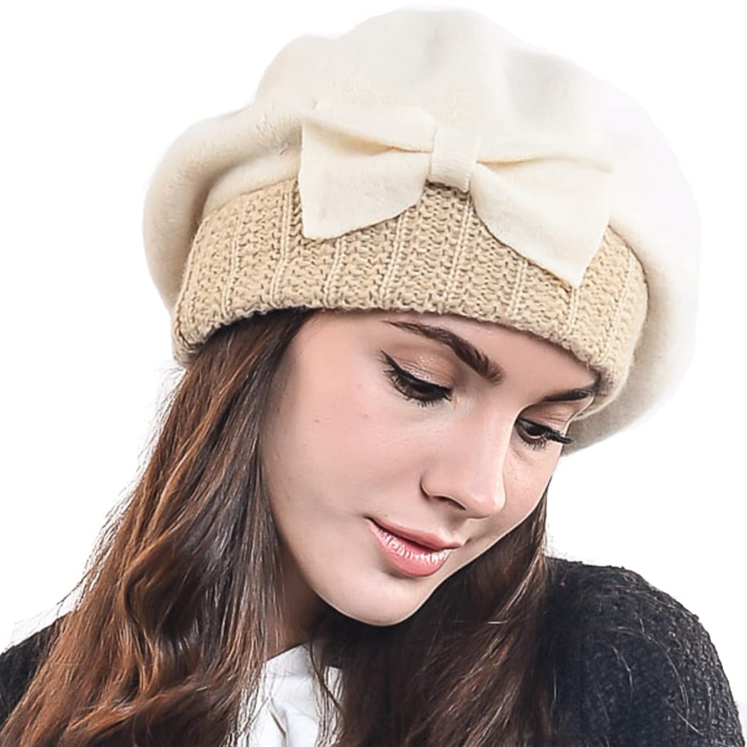 HISSHE Lady French Beret 100% Wool Beret Chic Beanie Winter Hat HY022 (Cream)(Size:M)