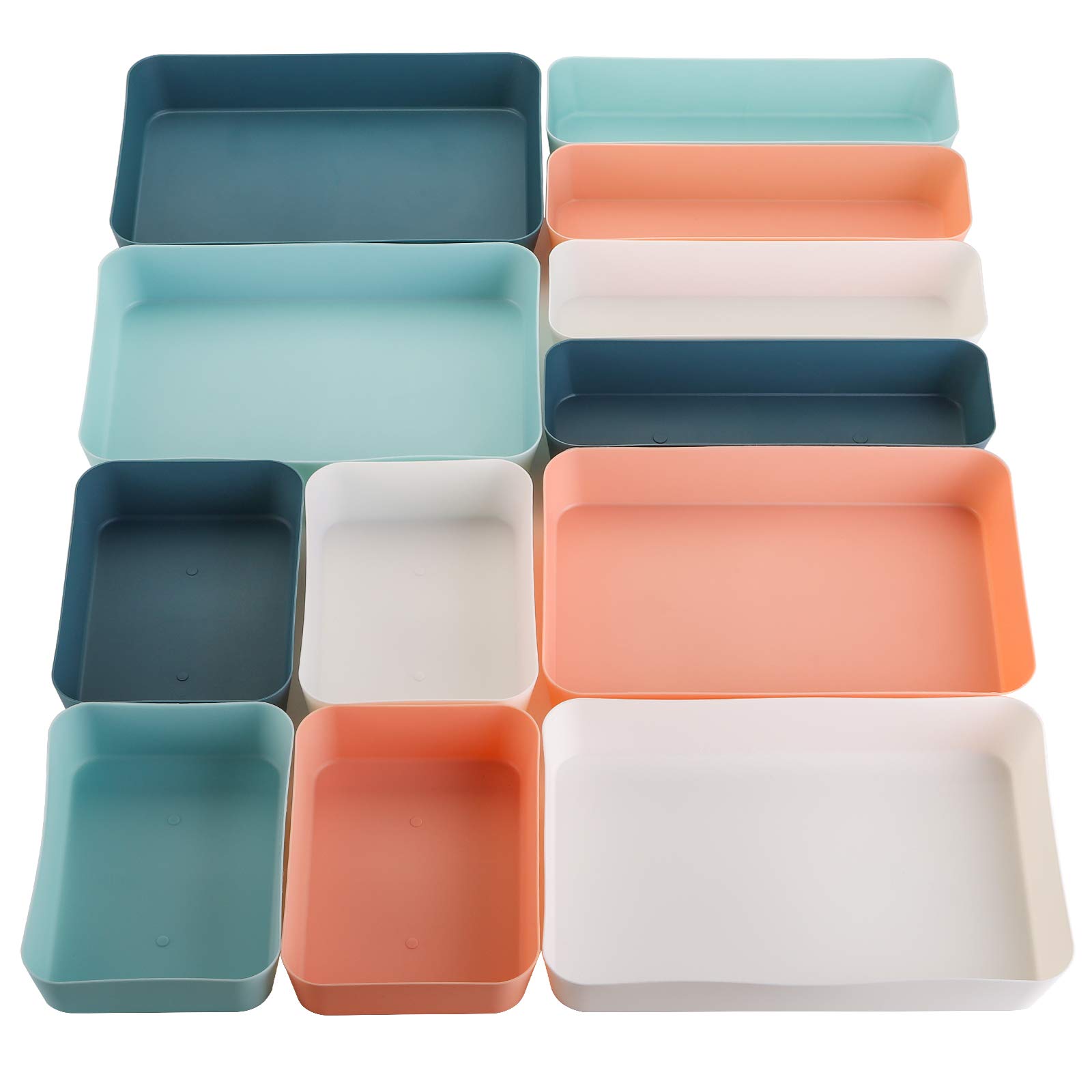 Suwimut 12 Pieces Plastic Drawer Organizer Set, 3 Size Desk Drawer Organizer Divider Trays for Makeup, Jewelry, Utensils, Gadgets, Vanity Storage Bins for Kitchen, Bedroom, Bathroom, Office