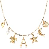 Initial Charm Necklace For Women, Boho Gold Summer Beach Surfer Letter Necklace Starfish Seashell Pearl Turtles Dolphin Charms Pendant, Trendy Pendant Alphabet Choker Necklace Jewelry Gifts for Teen