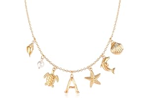 NEKOL Initial Charm Necklace For Women, Boho Gold Summer Beach Surfer Letter Necklace Starfish Seashell Pearl Turtles Dolphin Charms Pendant, Trendy Pendant Alphabet Choker Necklace Jewelry Gifts for Teen