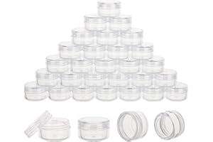 HPPFFY 50 Count 5 Gram Sample Containers, Clear Lip Balm Containers with Lids, Small Plastic Sample Jars with 4 Mini Spoons, 50pcs Labels (Clear Lid)