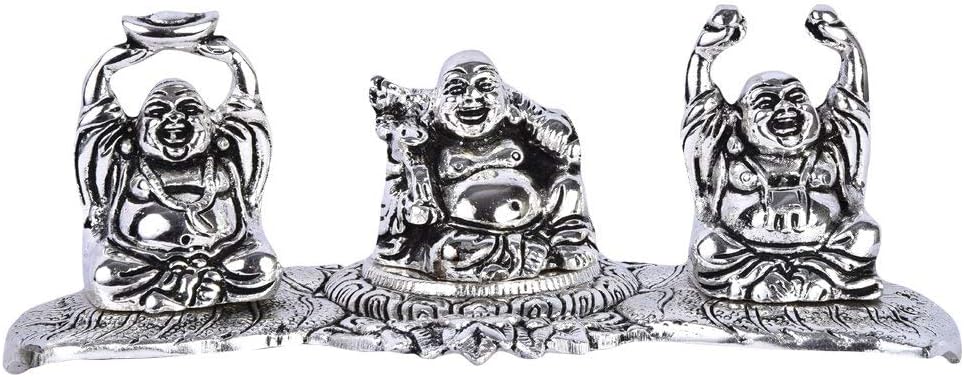 The Hue Cottage 'Handmade Laughing Lord Buddha Statue' Feng Shui Religious Figurine, God of Good Luck & Wealth, by White Metal Idol Sculpture, for Home Decoration Showpiece, Sets of 3
