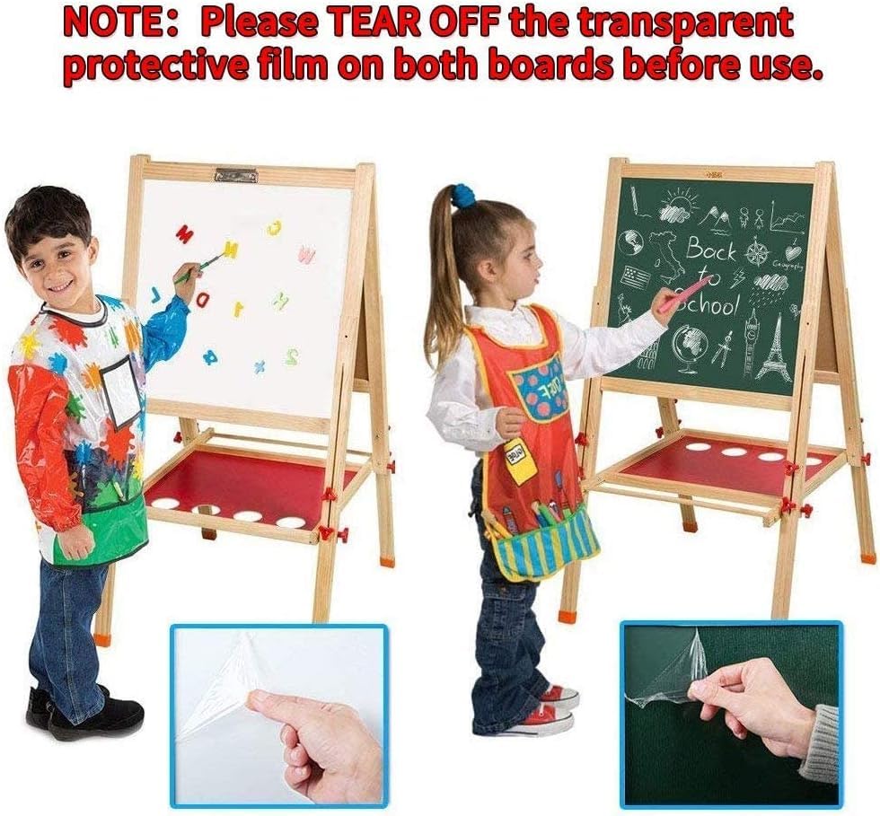 Hcosmy Wooden Art Easel for Kid, Double Sided Kids Easel with Whiteboard & Chalkboard, Height Adjustable Standing Toddler Easel with Number and Painting Accessories, Education Gift for Boys and Girls
