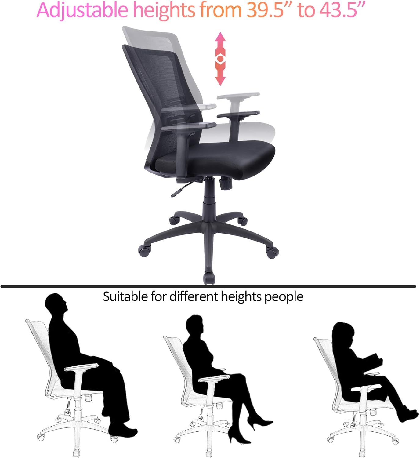 High-Back Ergonomic Office Chair Mesh Computer Desk Chair with Adjustable Arms, Seat Height and Lumbar Support (Black): Kitchen & Dining