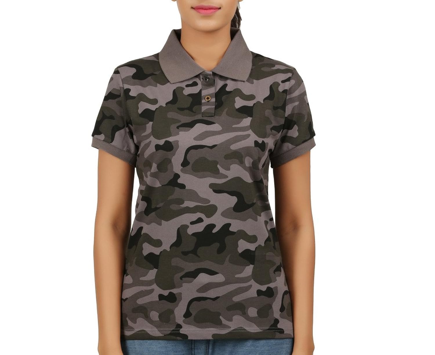 clifton womens army printed half sleeve collar polo-steel grey