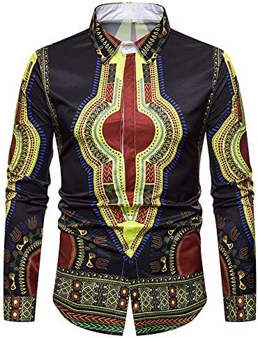 MODOQO Dashiki Shirt for Men Luxury Long Sleeve Button Down African Print Shirt Top