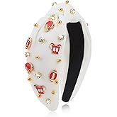 Uintoon Football Headband for Women White Knotted Headband Rhinestone Top Knot Headbands Fashion Cute Wide Headbands Game Day Sports Hair Accessories Gift Football Mom Accessories for Women and Girls
