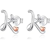 CELESTIA 925 Sterling Silver Initial Earrings 26 Letter with Rose Gold Heart Earrings Studs