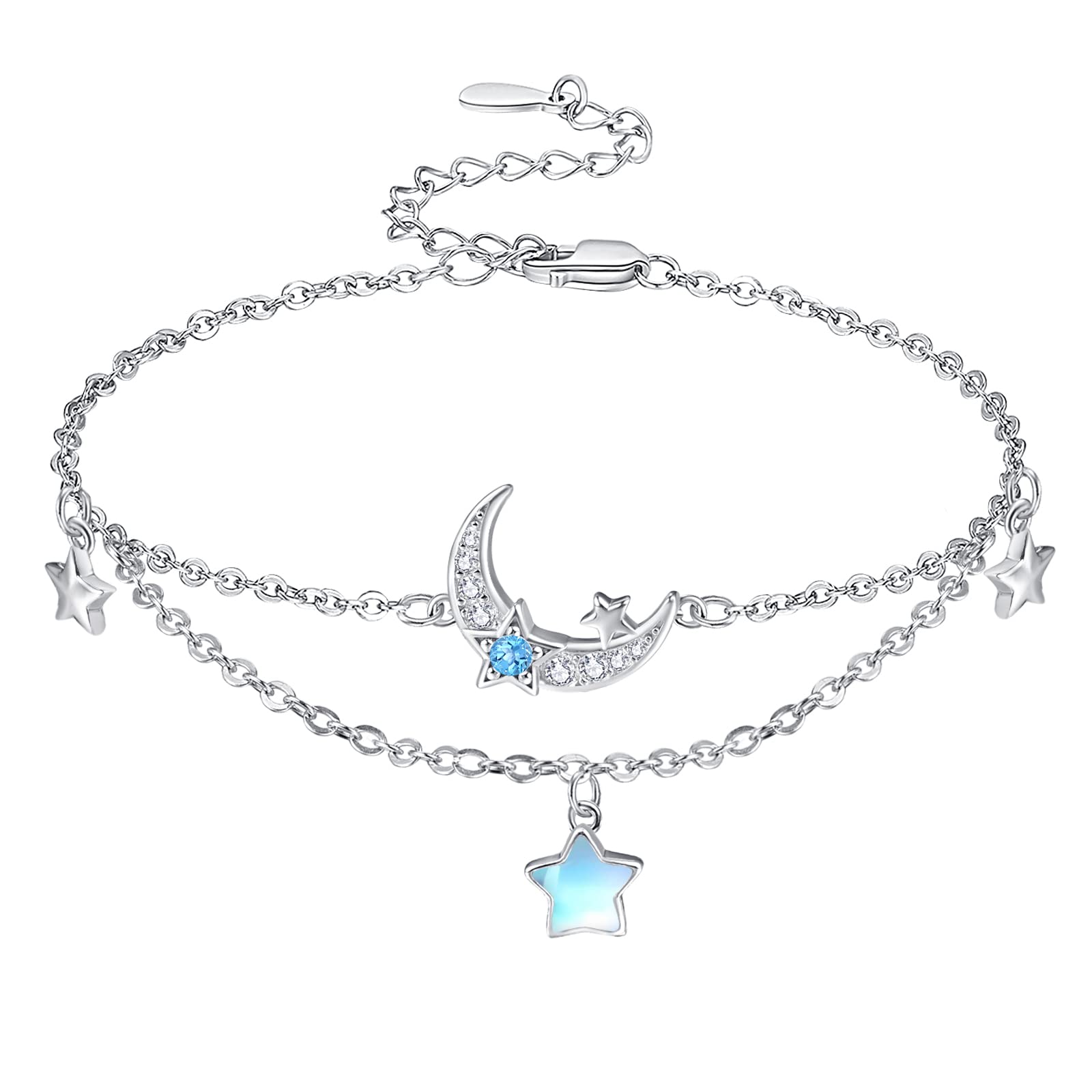 KINGWHYTE Moonstone Bracelet 925 Sterling Silver Moon Bracelet Adjustable Moon Star Layered Bracelets Jewellery Gift for Women Girls Wife Friends