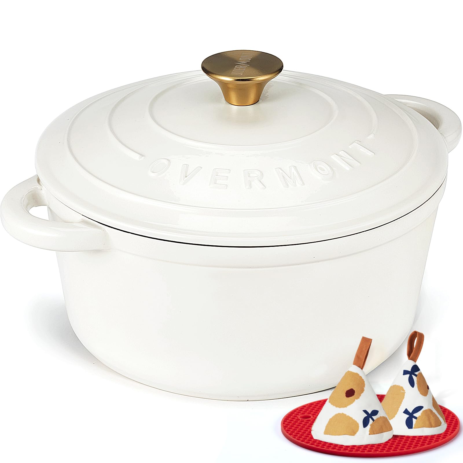 Overmont Enameled Cast Iron Dutch Oven - 5.5QT Pot with Lid Cookbook & Cotton Potholders - Heavy-Duty Cookware for Braising, Stews, Roasting, Bread Baking Pearl White Image Overmont Enameled Cast Iron Dutch Oven - 5.5QT Pot with Lid Cookbook & Cotton Potholders - Heavy-Duty Cookware for Braising, Stews, Roasting, Bread Baking Pearl White Image