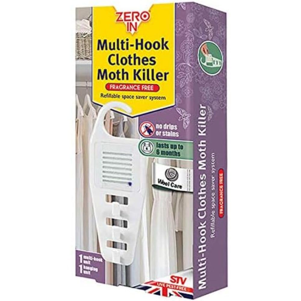 Zero In Multi-Hook Clothes Moth Killer Hanging Unit. Hang in Wardrobes and Place in Cupboards and Drawers to Kill Clothes Moths, Eggs, and Larvae. Fragranced