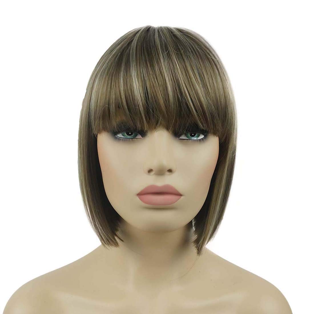 Lydell 8" Straight Short Bob Hair Flat Bangs Cute Central Dot Skin Top Heat Resistant Synthetic Wigs (18-22 Lt Ash Brown)