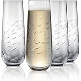 SHOSHIN Stemless Champagne Glasses Set of 4 – 9.5oz Lead-Free Crystal Flutes with Elegant Fish Pattern, Perfect for Parties and Weddings, Dishwasher Safe