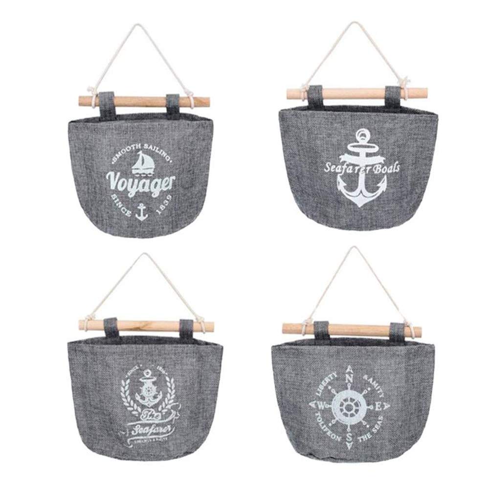 Voarge Pack of 4 Wall Hanging Organisers, Wall Pockets, Cotton Storage Bag, Navy Style Cotton Bag for Bedroom, Office, Bathroom, 21 x 16 cm (Grey)