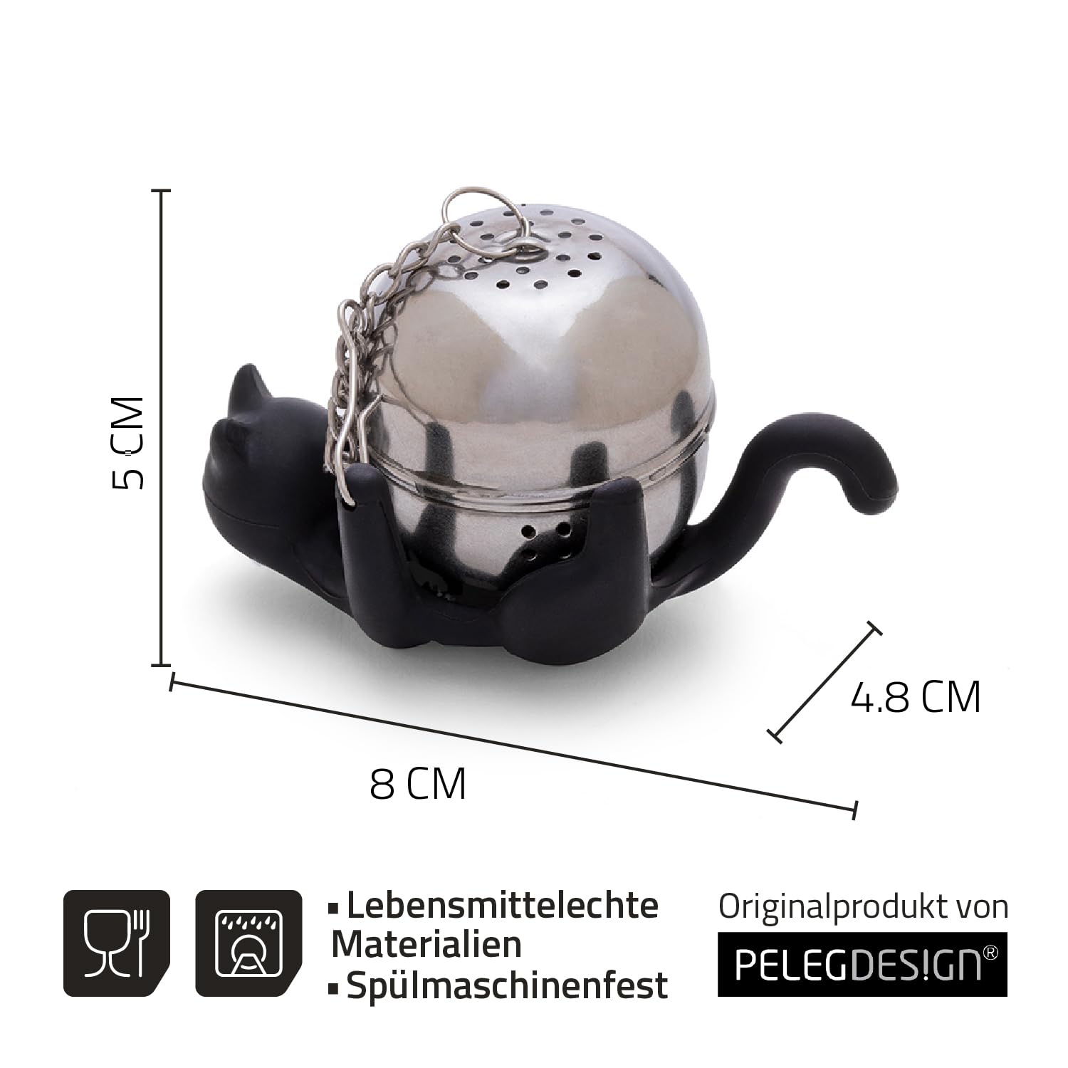 PELEG DESIGN Cattea Tee-Ei Katze – Lustiges Teesieb für losen Tee aus Edelstahl & Silikon, Inklusive Abtropfschale, Originelles Tee-Zubehör & Geschenk für Katzenliebhaber, Schwarz 4