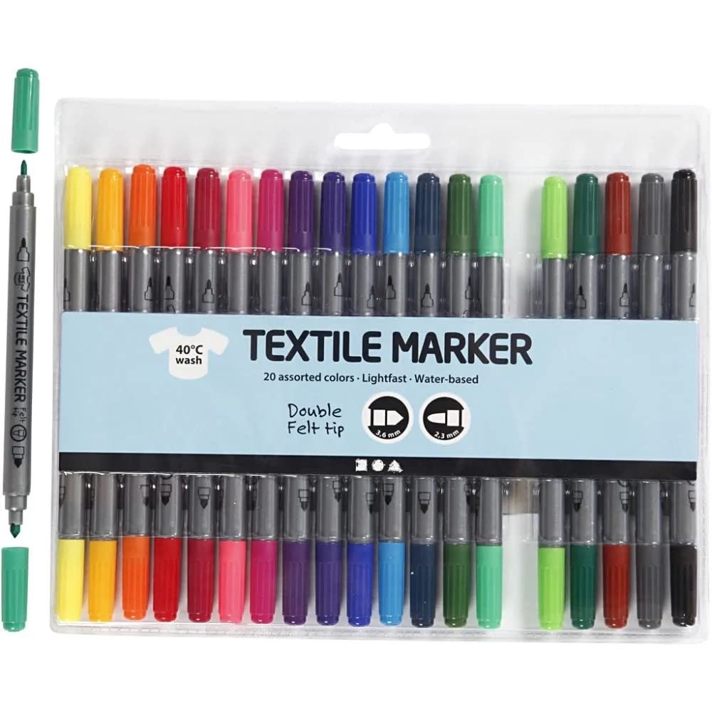 Creativ Permanent Fabric Markers – with 10 Assorted Colours for Clothes & T-Shirts – Water-Based, Non-Toxic Fabric Pens for Kids, DIY, Felt Tips, Textile Art. Pack of 20.