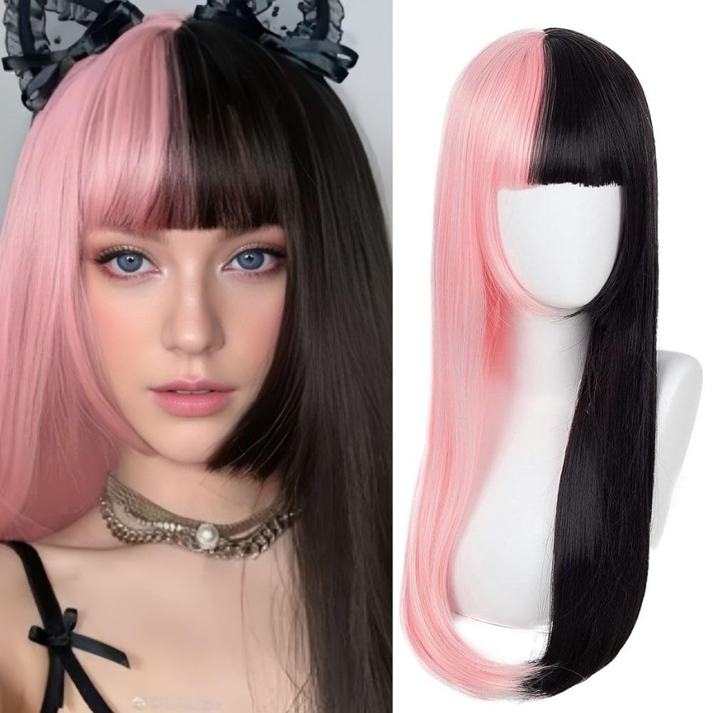 Salaibs Pink and Black Straight Wigs for Women Anime Sythetic Long Hair Wig with Bangs Heat Resistant Fiber Cosplay Halloween Wig — image 1