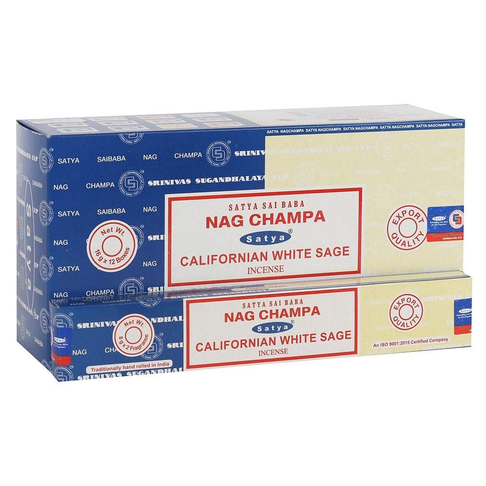 Satya 01308 Nag Champa & Californian White Sage Combo Set of Incense Sticks, 12 Packs x 16g, One Size, multicolor