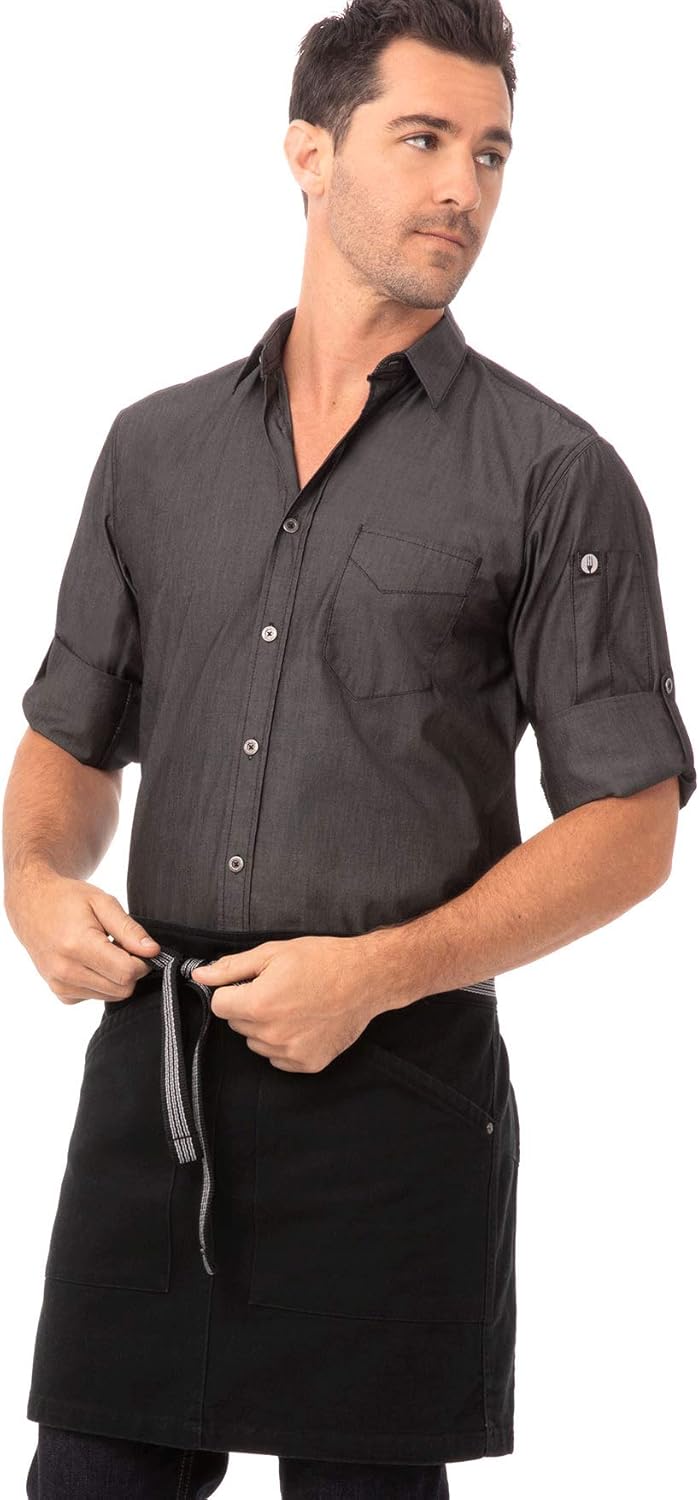 Chef Works unisex adult Berkeley Half Bistro Work Utility Apron, Jet Black W/Black/Gray Suspenders, One Size US: Clothing