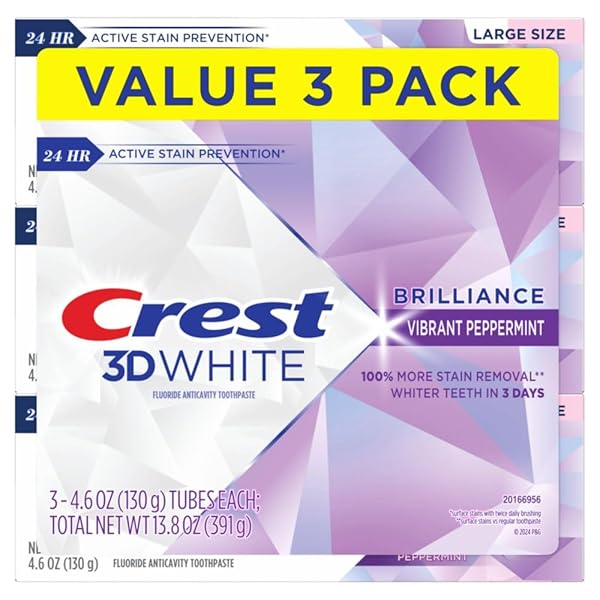 CREST 3D WHITE BRILLIANCE VIBRANT PEPPERMINT TEETH WHITENING TOOTHPASTE, 4.6 OZ PACK OF 3, ANTICAVITY FLUORIDE TOOTHPASTE, 100% MORE SURFACE STAIN REMOVAL, 24 HOUR ACTIVE STAIN PREVENTION