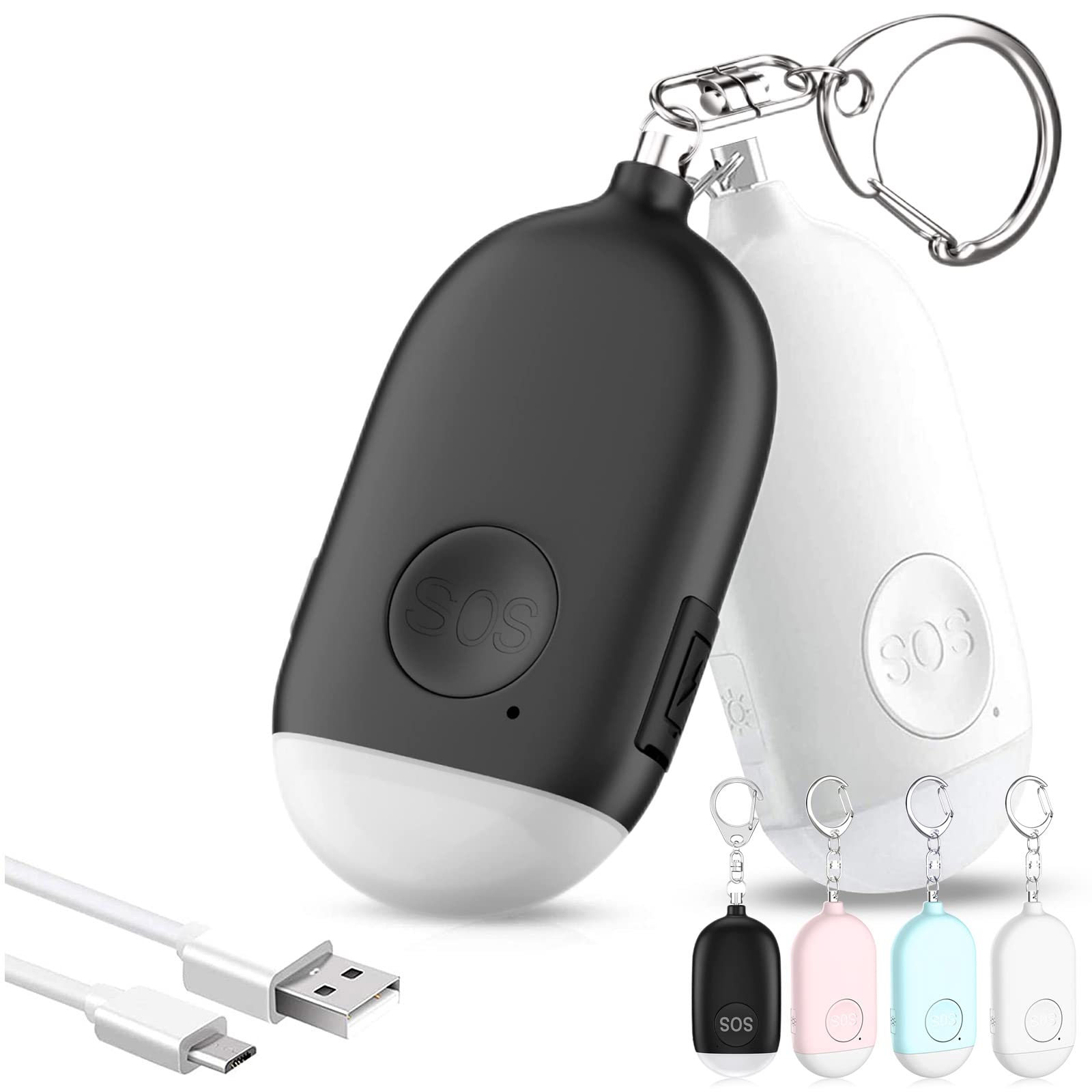Hion Safe Personal Alarm for Women, 2 Pack Rechargeable 130dB Police Approved Rape Rope With LED Flashlight, Self Defense Keychain, Panic Attack Safety for Girls, Kids, Elderly (White & Black)