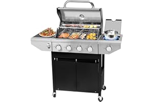 Unovivy 4-Burner Propane Gas BBQ Grill with Side Burner & Porcelain-Enameled Cast Iron Grates Built-in Thermometer, 47,000 BTU Outdoor Cooking, Patio, Garden Barbecue Grill, Black and Silver