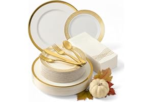 By Madee High End Thanksgiving Disposable Dinnerware Set - 175 Pcs 25 Guests – White & Gold Plastic Plates, Cutlery Linen Feel Napkins - Elegant and Effortless for Fall Holiday Hosting