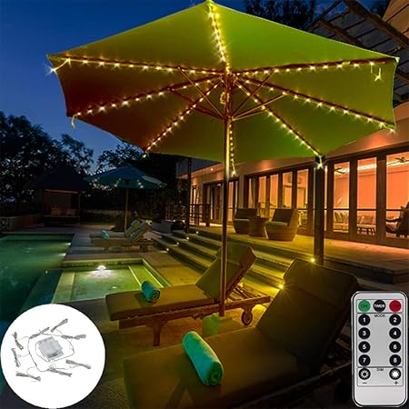 Amazon Com Dbfairy Patio Umbrella Lights Market Umbrella String Lights Battery Operated 8 Ribs 104 Led Remote Control Timer Dimmable 8 Mode Easy To Use Twinkle Fairy Lights For Outdoor Table Umbrella Warm White