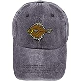 Vintage Washed Hat Flounder Fish Embroidery Cotton Dad Hats for Men & Women Buckle Closure Grey Design Only