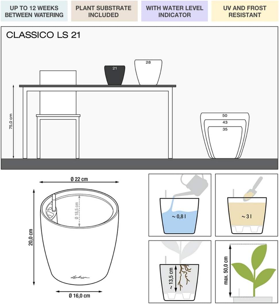 Lechuza Self Watering Plant Pot CLASSICO 21 LS Garden Flower Indoor and Outdoor Small Plastic Planter with Drainage Hole D21 H20 cm Black High-Gloss - Image 3