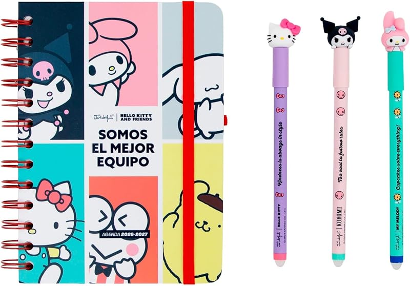 - Hello Kitty 2026-2027 Conjunto Pequeno de Agenda Semanal Escolar + 3 Canetas Apagáveis – Planeador Compacto com Autocolantes