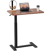 Simple Deluxe Adjustable Overbed Bedside Table with Wheels, Pneumatic Adjustable Hospital &amp; Home Use Bed Table, Rolling Laptop Table, Mobile Standing Desk, Brown