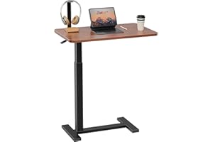 Simple Deluxe Adjustable Overbed Bedside Table with Wheels, Pneumatic Adjustable Hospital & Home Use Bed Table, Rolling Laptop Table, Mobile Standing Desk, Brown