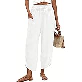 LOMON Women Linen Palazzo Pants Boho Wide Leg Elastic Waisted Casual Capri Pant Summer Harem Lounge with Pockets
