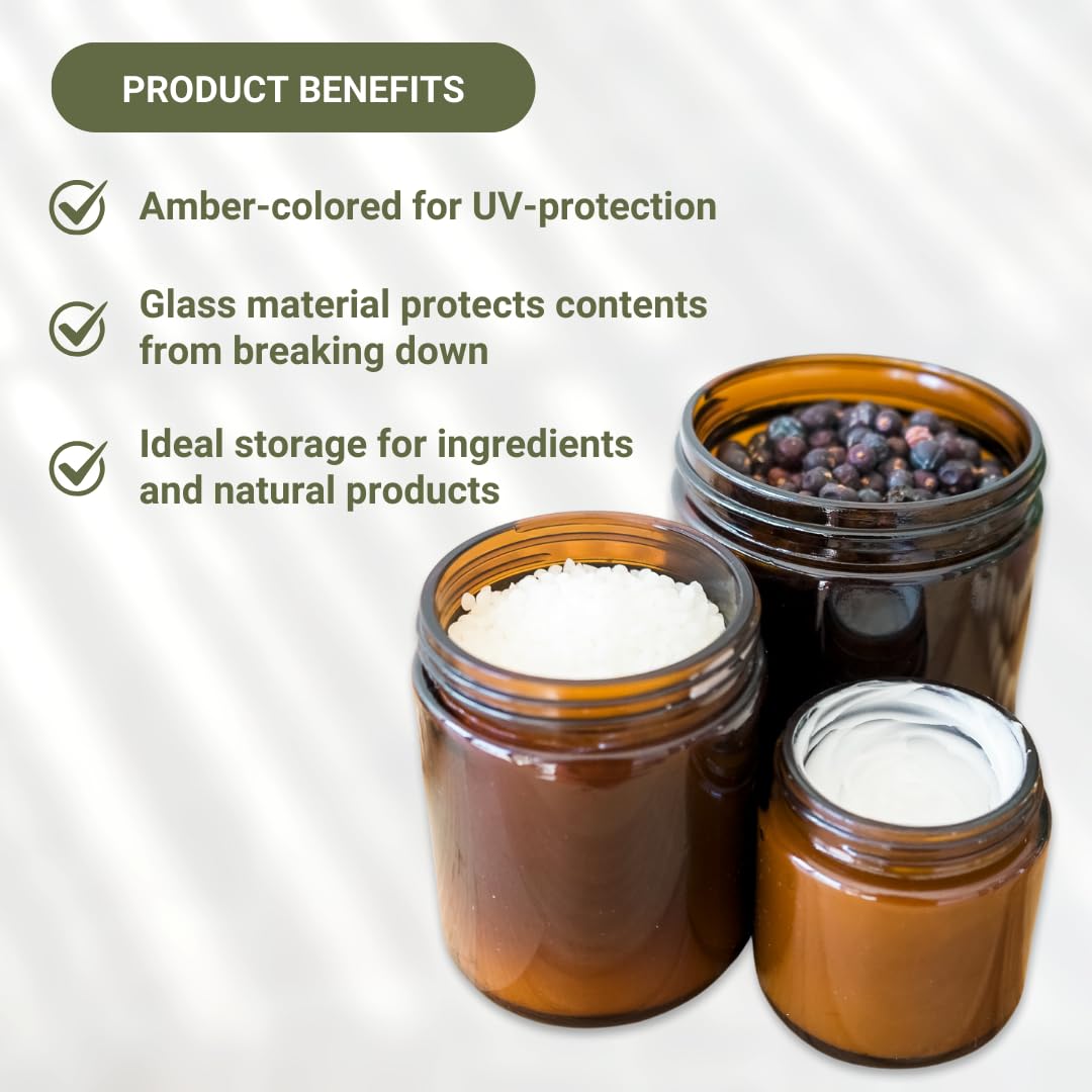 Glass Amber 16oz Jar - 12 Packs, Empty Round Jars For Beauty Products, Lotion, and Powders - Black Lid - Small Candle Jars