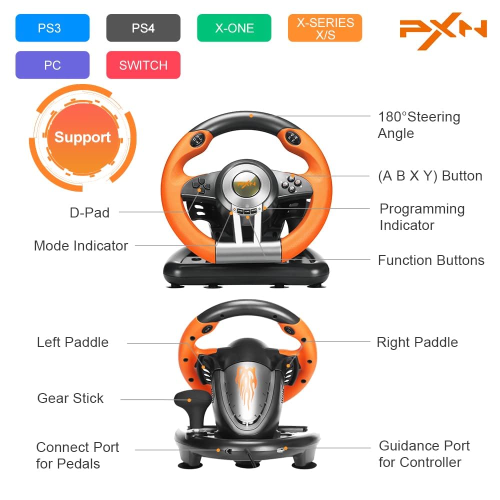 PXN PC Racing Wheel, V3 PRO 180 Degree Universal USB Car Sim Game Steering Wheel with Pedals for PC, Xbox One, Xbox Series S/X, PS3, PS4, Switch