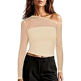 Mesh Long Sleeve Tops for Women Off The Shoulder Going Out Top Y2k Sexy Sheer Fitted T Shirts