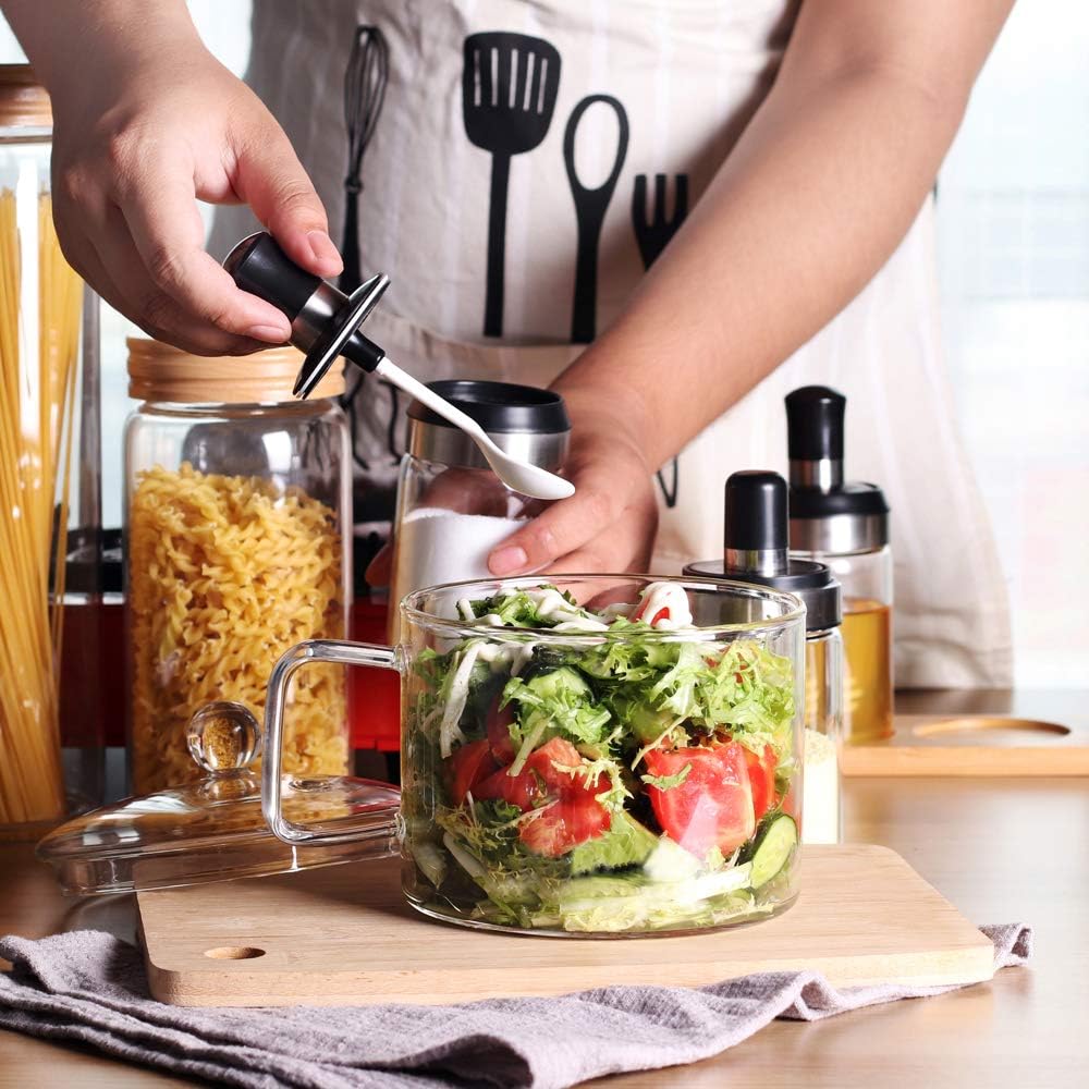  | Mini Sized Glass Pasta Noodles Bowl with Lid and Handle, 44 FL OZ/1.4L Glass Soup Bowl for Noodles, Soup, Cereals, Fruits, BPA Free, Microwave Dishwasher Oven: Soup Bowls