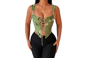 Bowanadacles Women Vintage Floral Camisole Flower Embroidery Pattern Tight Vest Drawstring Tie-up Tank Top Suspender Corset