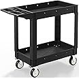 2 Shelf Heavy Duty Plastic Utility Cart, Service Cart Tub Storage W/Deep Shelve Holds up to 1000 lbs, Rolling Utility Cart with 360°Swivel Wheels, Work Cart for Warehouse, Garage, Cleaning