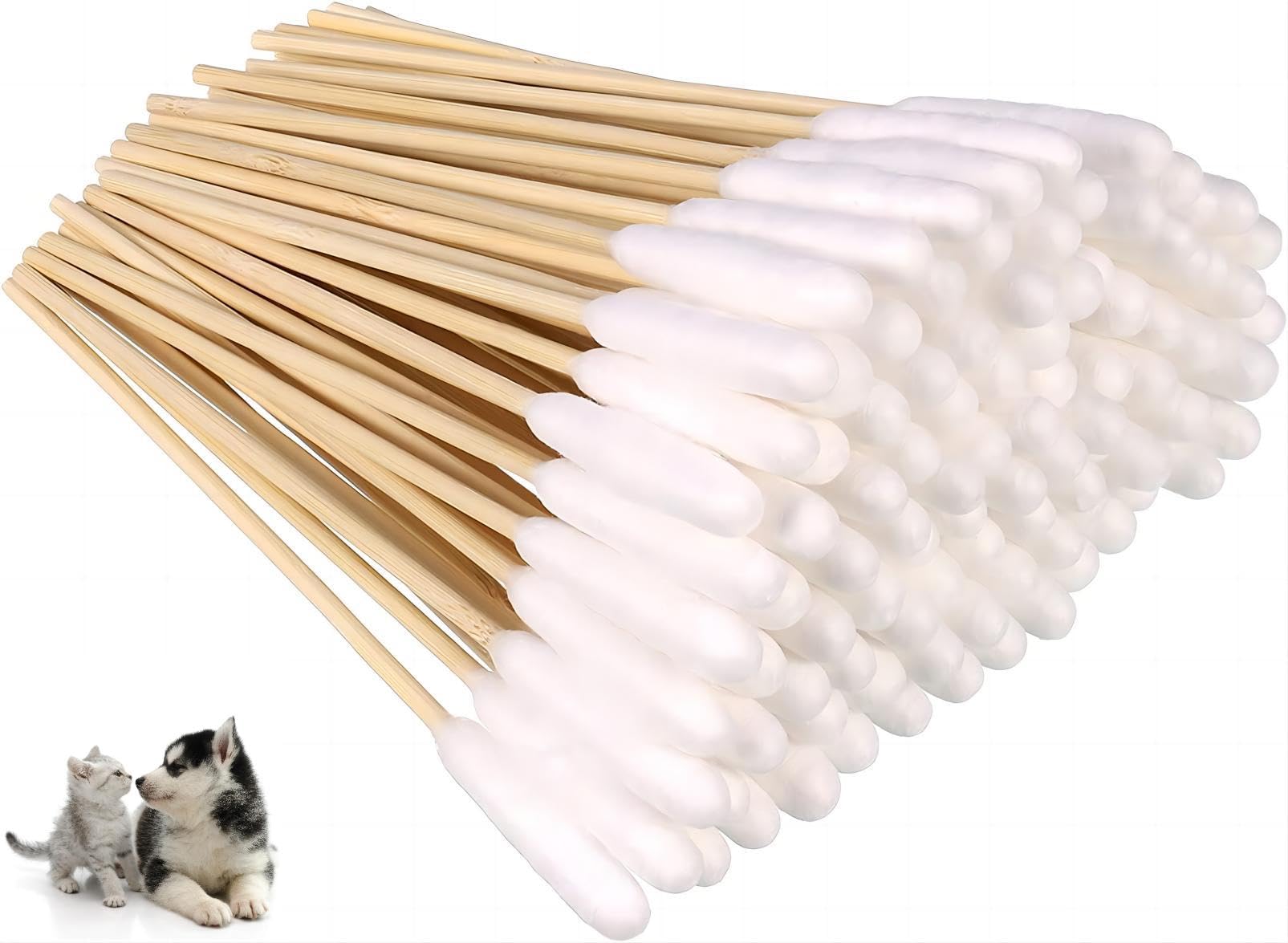 FEISIGE 100-Piece Pet Ear Cleaning Cotton Buds - Long Cotton Swabs for Dog & Cat Ear Wax Removal, Gentle & Effective for Infections (Safe, Disposable)