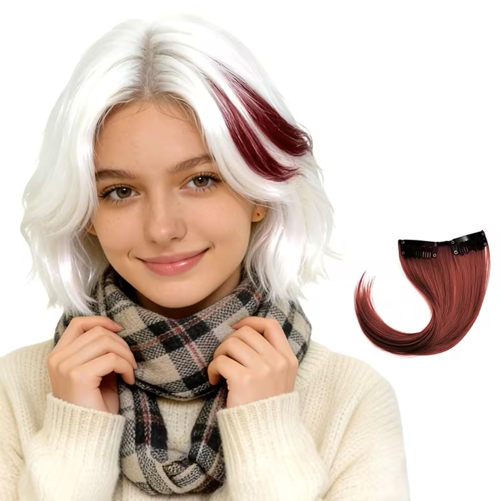 Clip In Human Hair Synthetic Short Side Sweep Fringe Rainbow Colourful Bang (Burgundy) — image 1