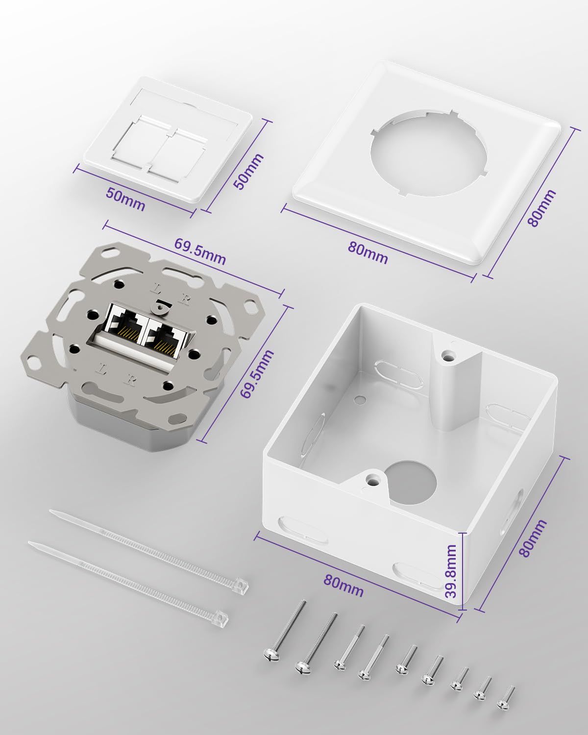 VCELINK Netzwerkdose CAT6A, 10 Gigabit 2 x RJ45 Port LAN Dose für Aufputz oder Unterputz, Geschirmt RJ45 Aufputzdose 500 MHz, POE, CAT6 CAT5, EIA/TIA T568A&B, Weiß, 1 Stück 6